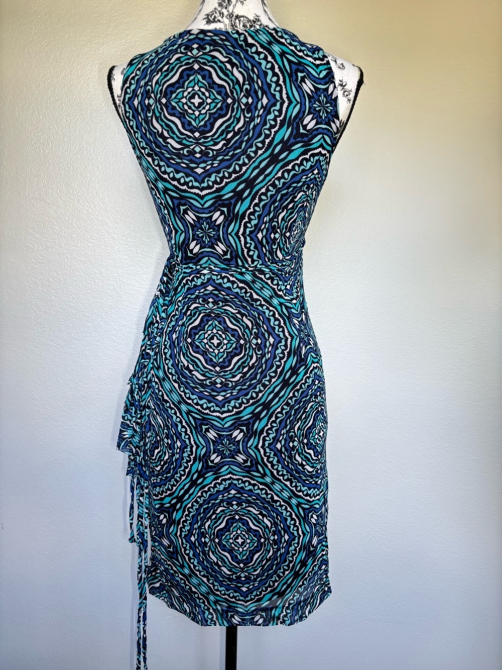New York & Company Navy Blue and Teal Patterned Wrap Dress like New - Picture 3 of 16